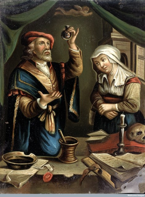 A Renaissance painting of a physician examining a flask of urine brought by a young woman.