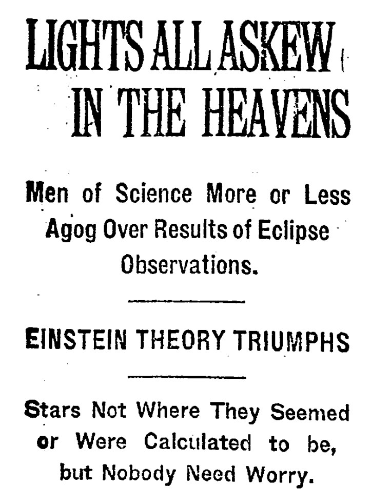 The New York Times headline announcing results of a 1919 test of Einstein's theory of general relativity