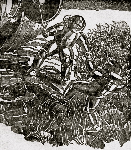An illustration of space travelers on an alien planet from Robert H. Wilson's science fiction story "Out Around Rigel", one of the first to deal with general relatiivity, published in 1931 in Astounding Stories