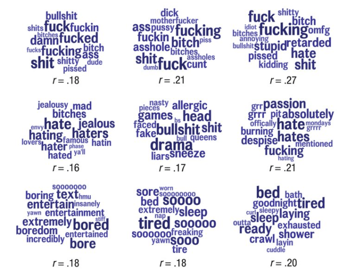 Twitter word choices that were the most positively correlated with age-adjusted mortality from atherosclerotic heart disease within a county. The size of the word represents its relative prevalence.