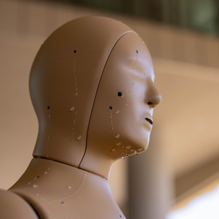 A manikin's head drips sweat